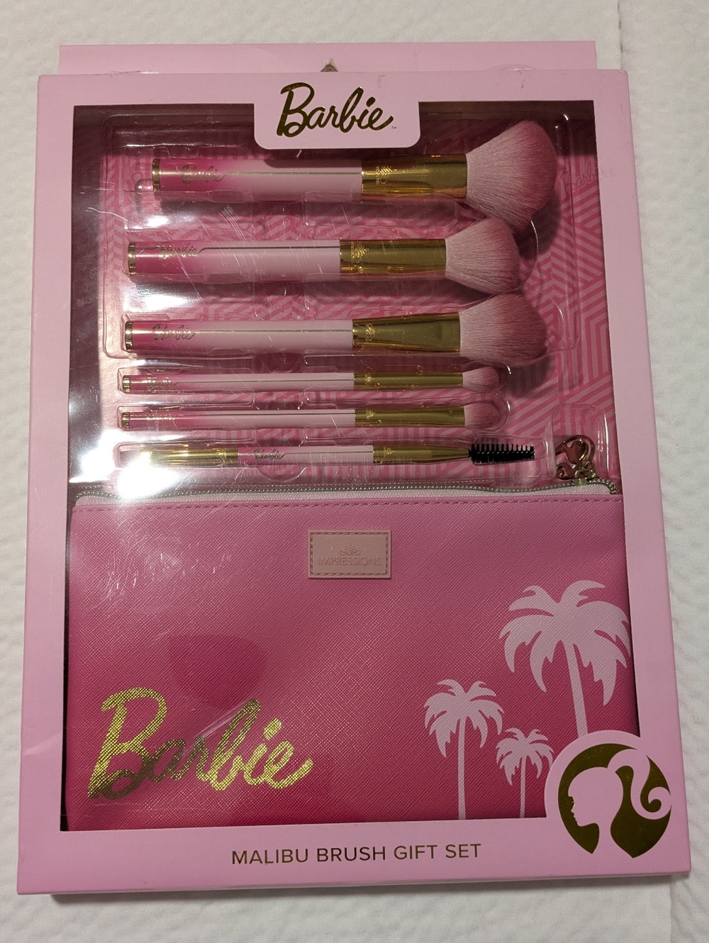 Barbie Pink and Gold Brush Set with Pink Zip Pouch Malibu Gift Set